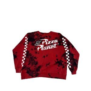 Disney Pizza Planet Sweatshirt XL Red Black Tie Dye Checker Sleeve Crew Neck [K]